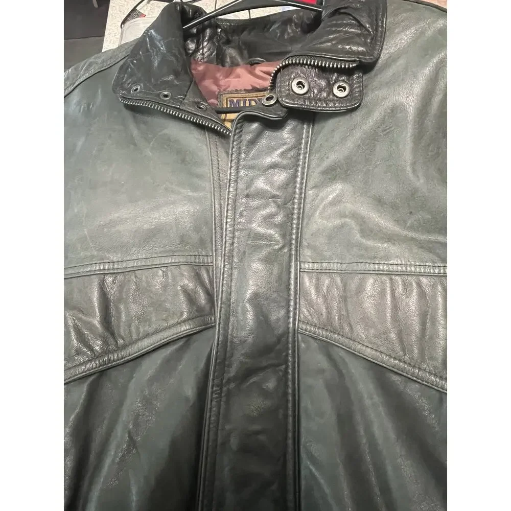 Vintage 80s Midway Leather Bomber Jacket Mens Small Sage Green Slate Flight Coat